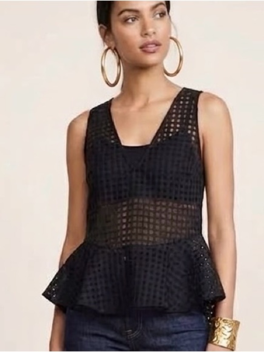 Elizabeth and James Black Sheer Check Peplum Blouse - Sz: XS